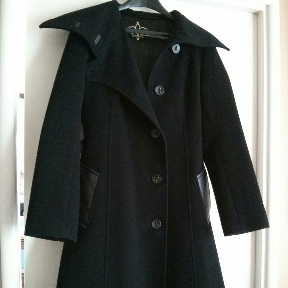 Mackage Black Wool & Leather Detail Princess Midi Coat Size M